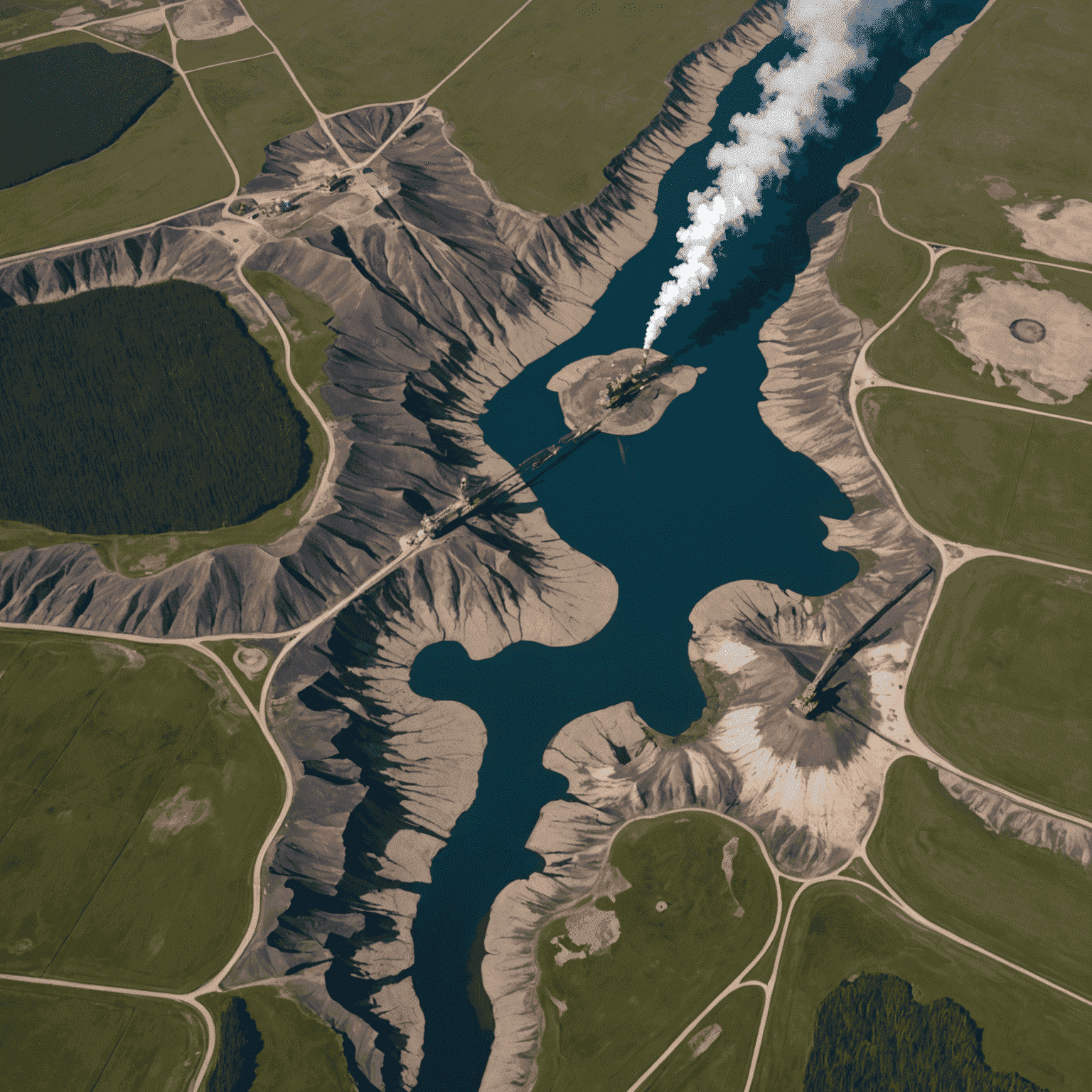 Aerial view of Canadian oil sands with AI-generated overlay showing potential drilling sites