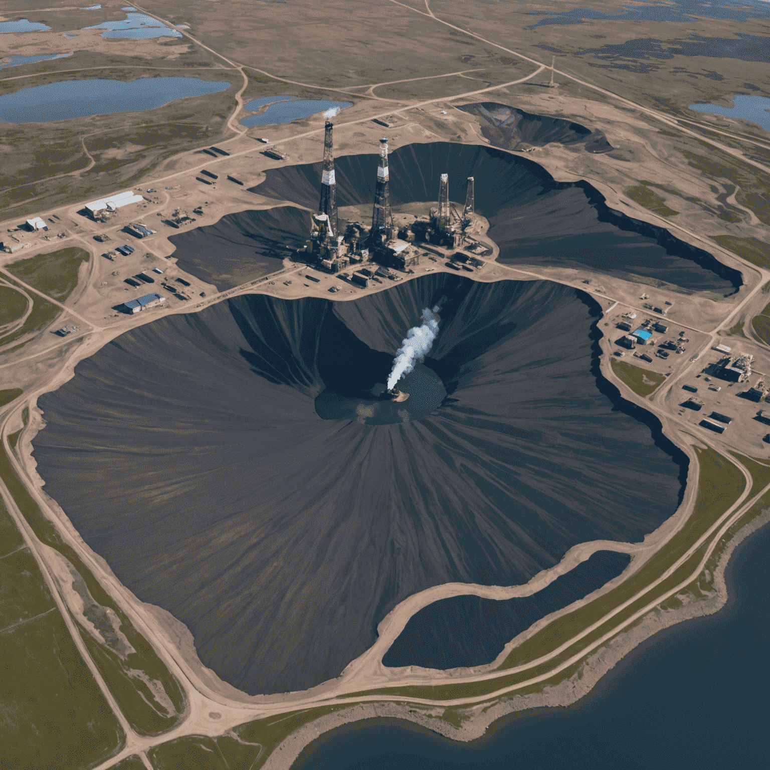 Aerial view of Canadian oil sands with overlaid AI data visualization, showing advanced algorithms at work in identifying potential drilling sites