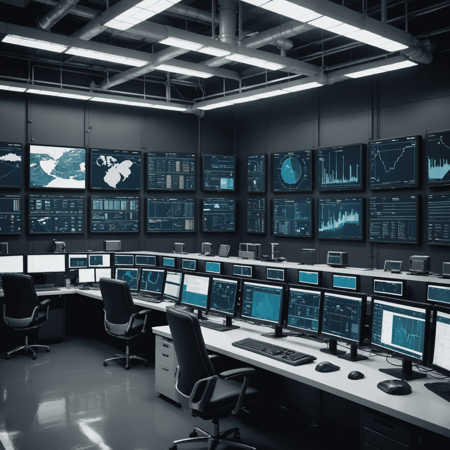 A sophisticated control room of a modern oil refinery, with multiple screens displaying real-time data and machine learning models optimizing various processes