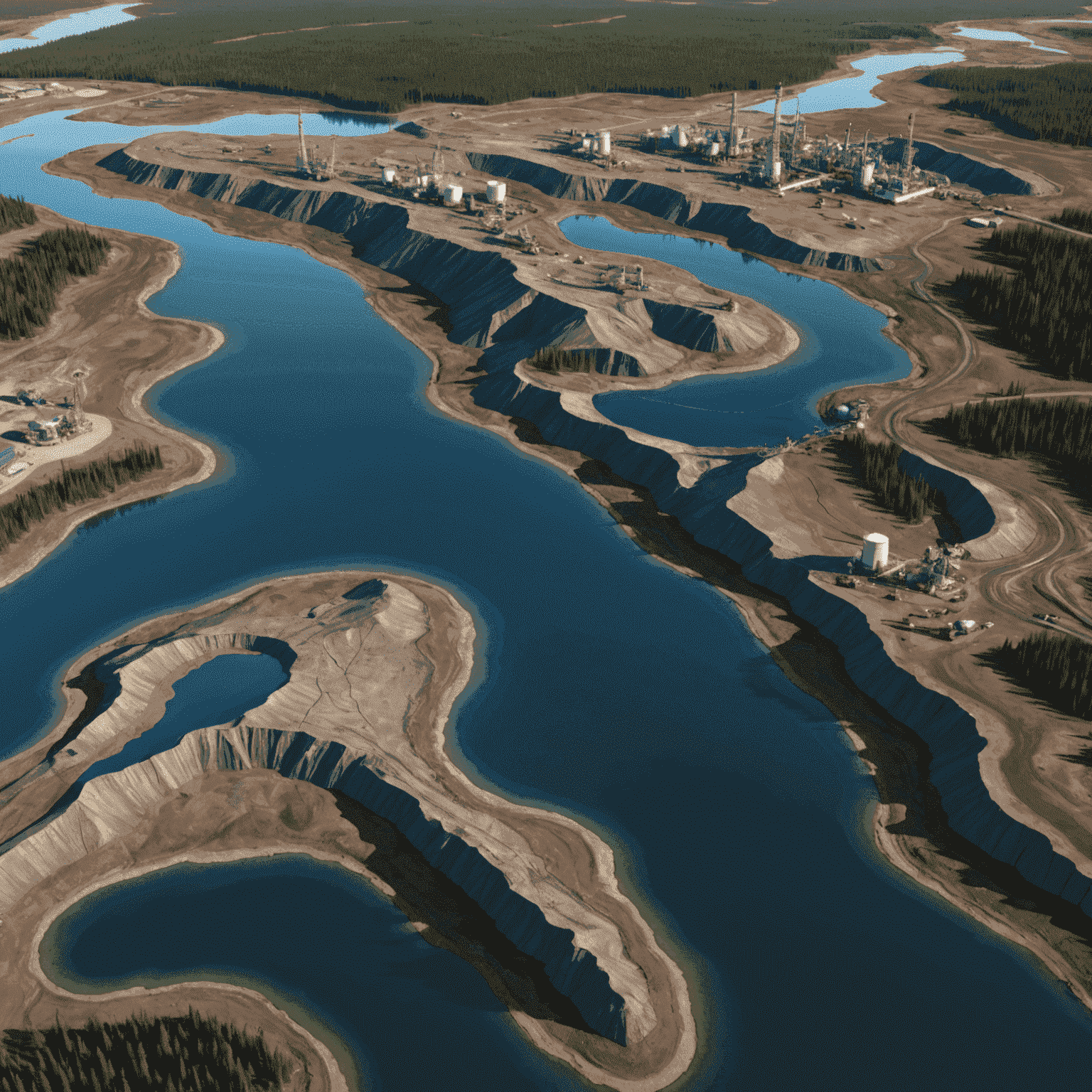 Futuristic visualization of AI analyzing geological data for oil exploration in Canada's oil sands, showing 3D terrain models and data overlays