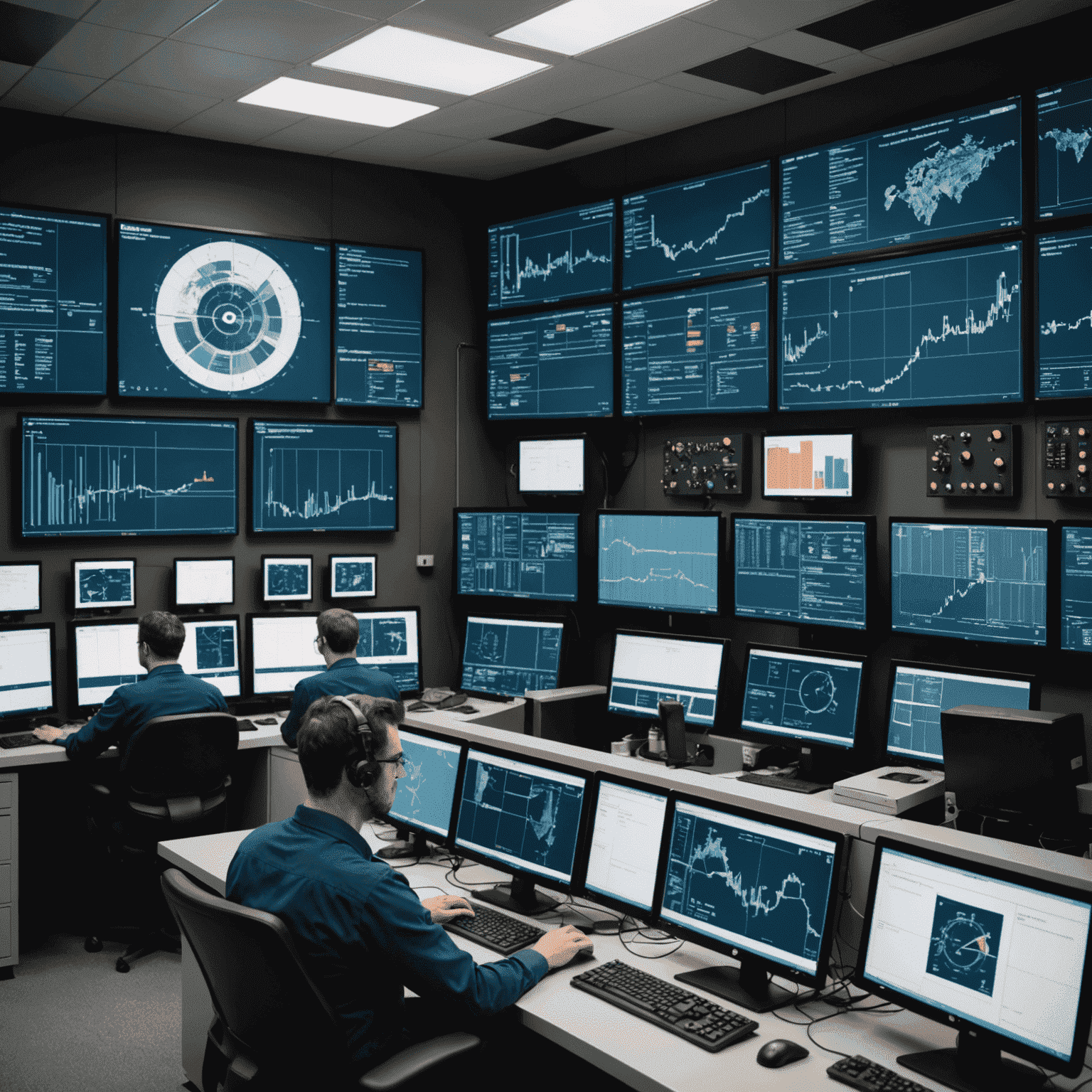 Advanced control room of a Canadian oil refinery with multiple screens displaying machine learning models optimizing various processes