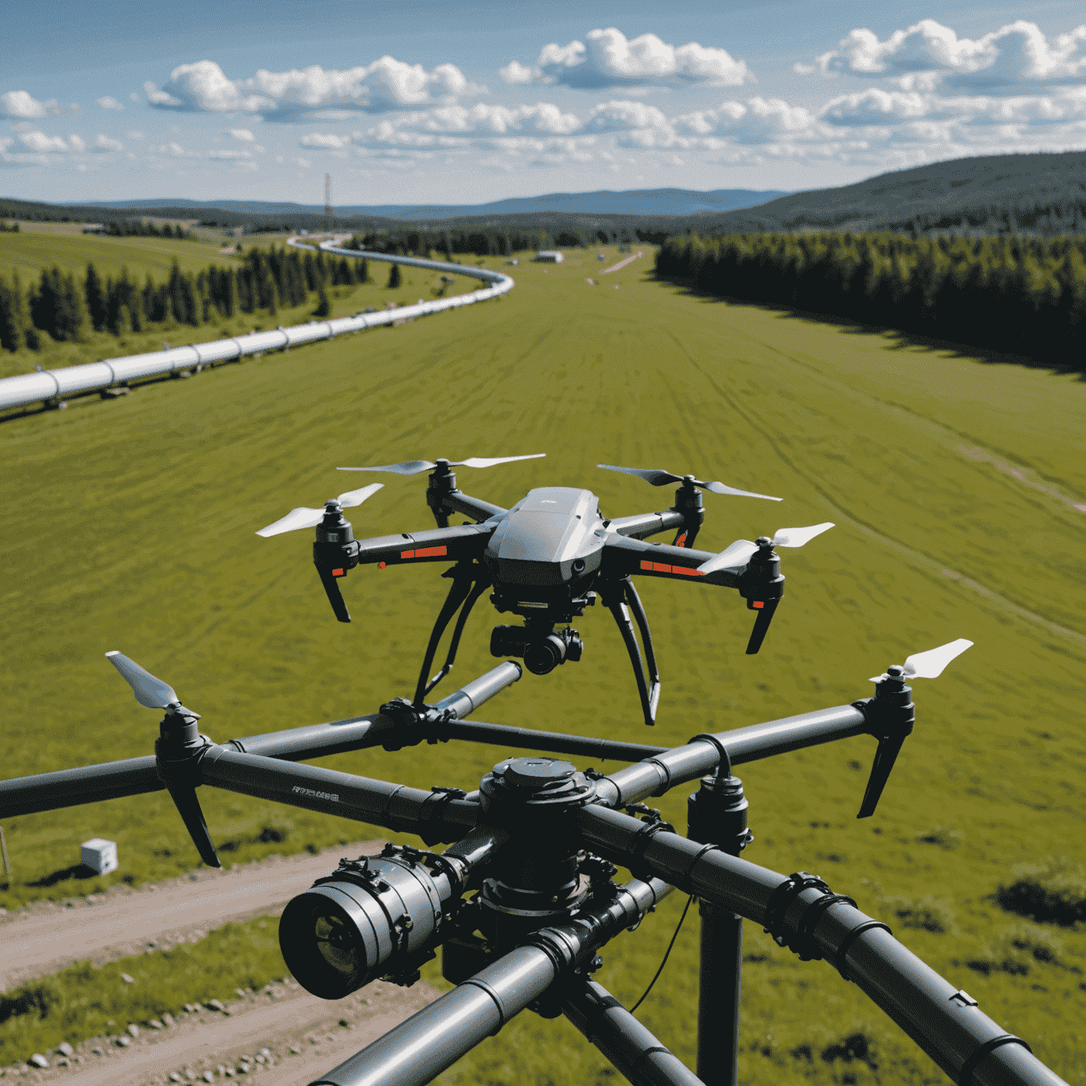 Drone equipped with AI sensors inspecting an oil pipeline in a Canadian landscape, with augmented reality overlay showing predictive maintenance data